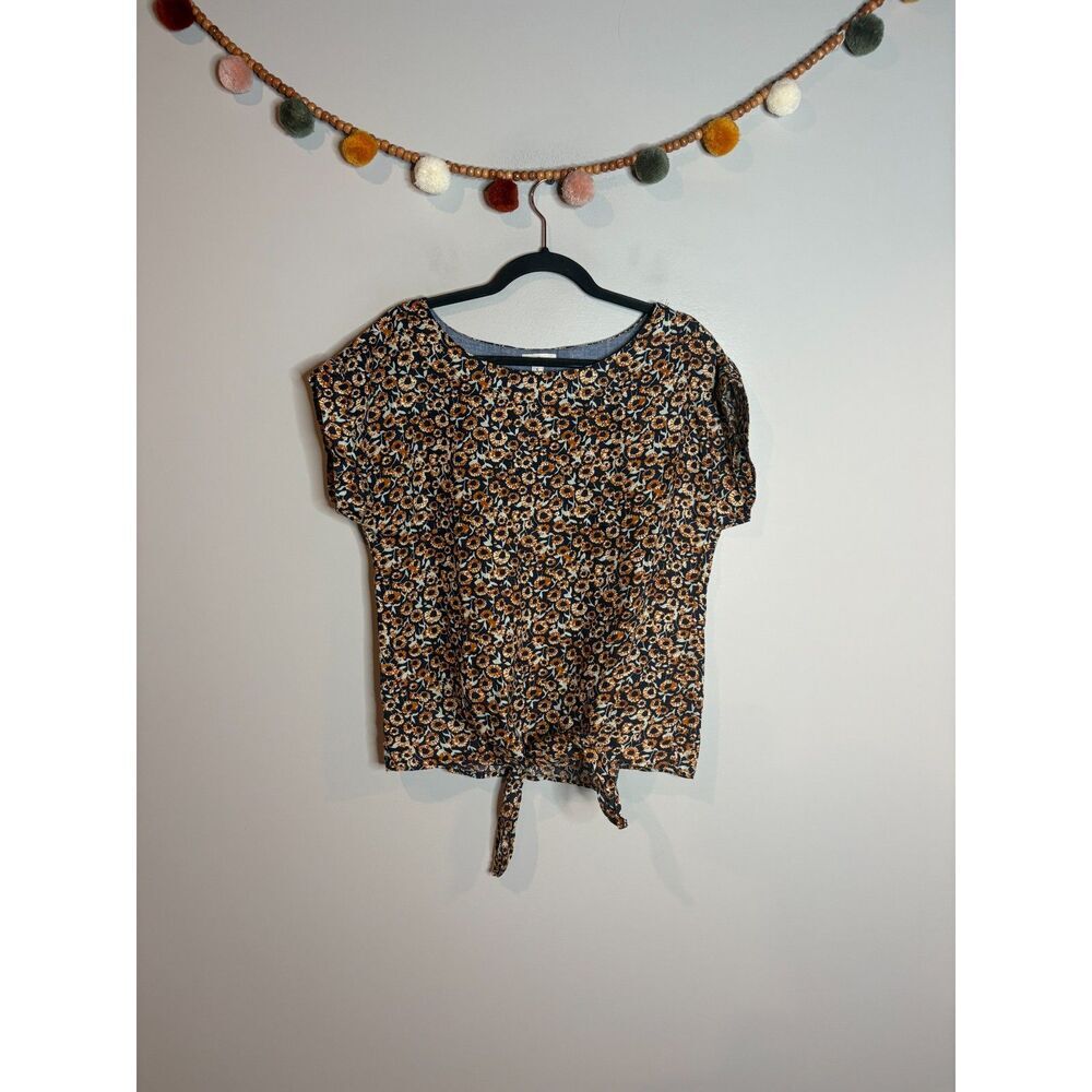 L.L. Bean patterned linen tie blouse